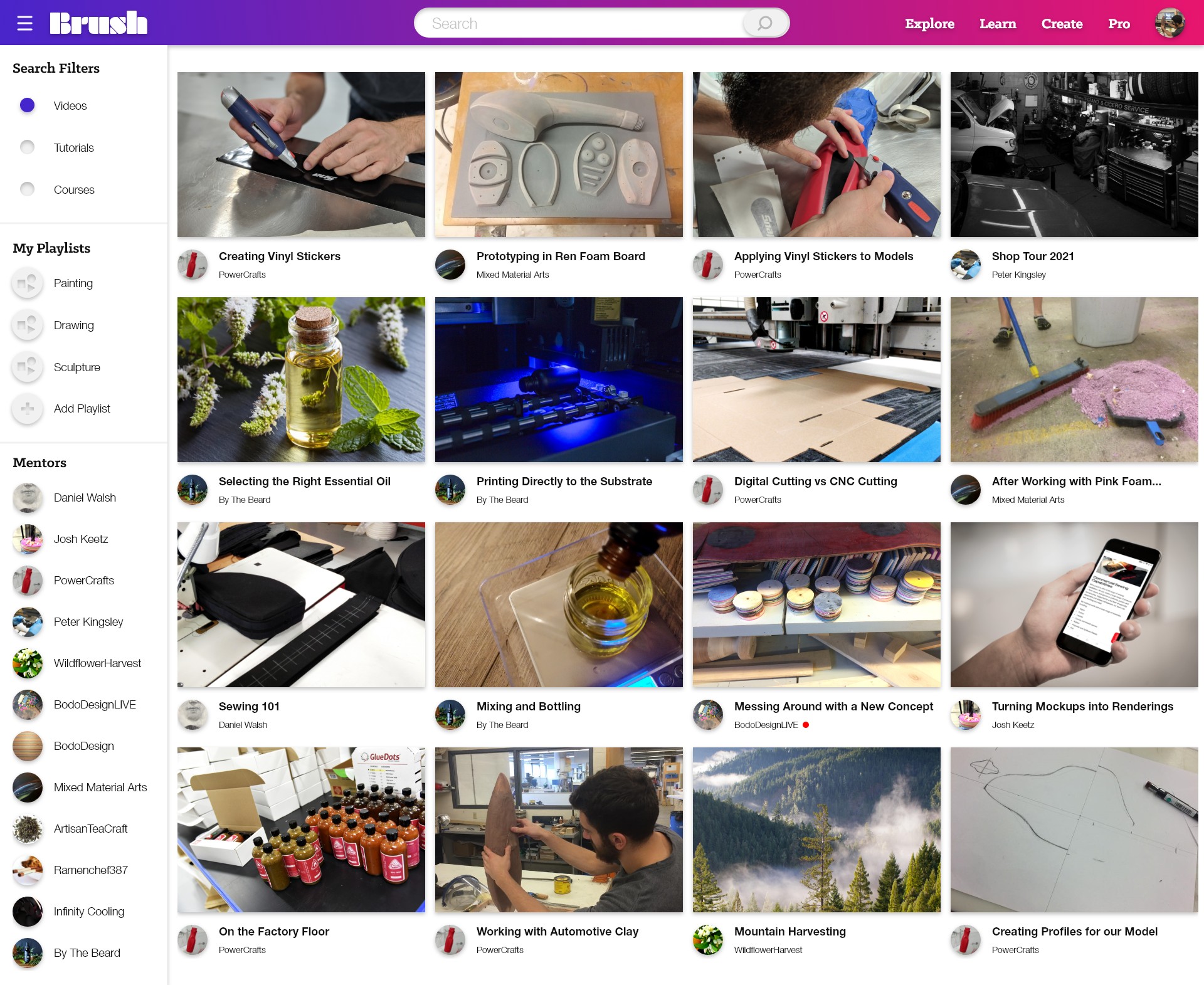 Explore hi-fi — the finished Brush homepage with search, filter sidebar, and a full grid of craft videos