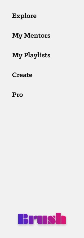 Mobile navigation menu — Explore, My Mentors, My Playlists, Create, Pro