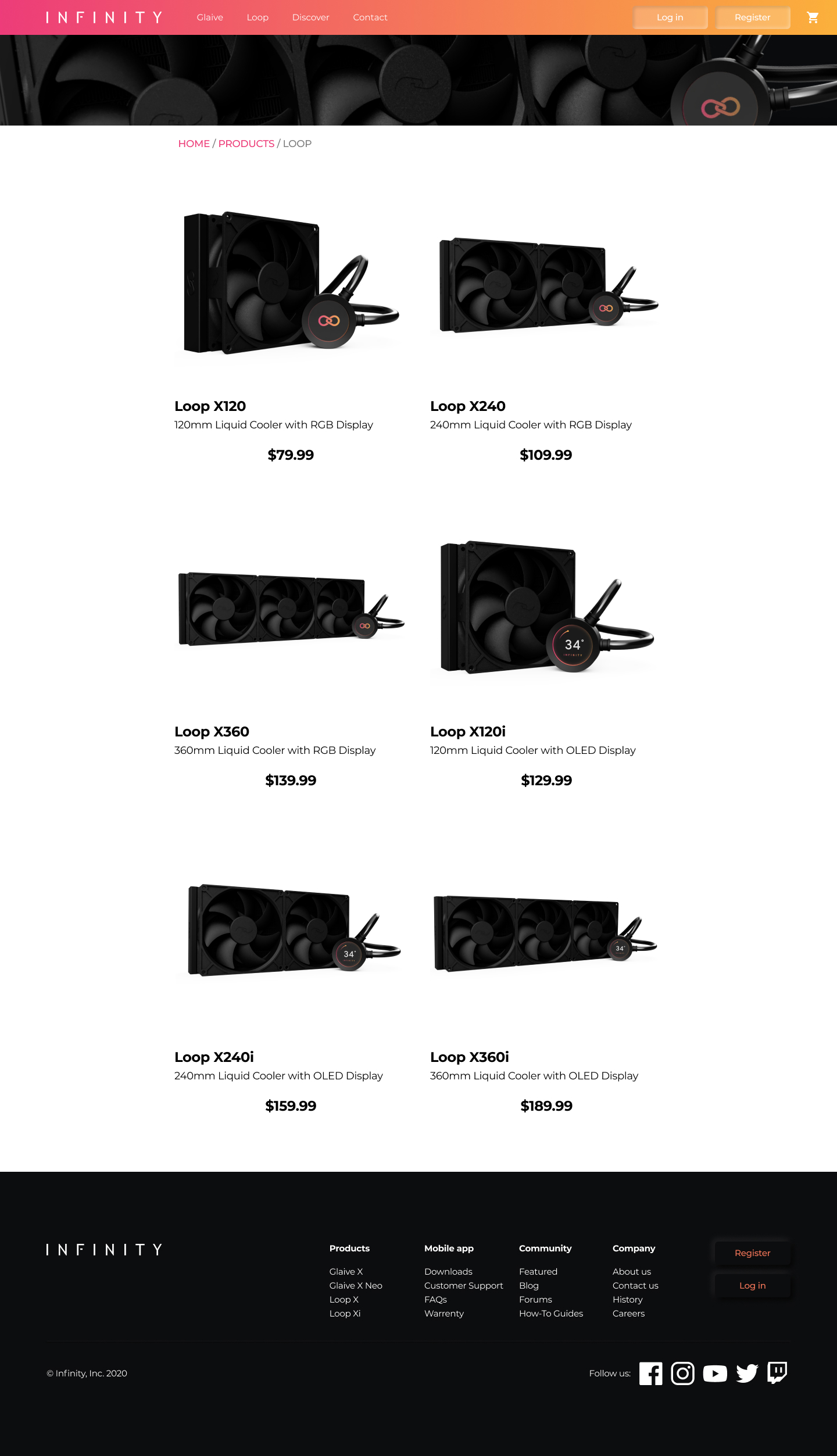 Loop category page mockup — grid of Loop AIO water-coolers from X120 to X360i with prices