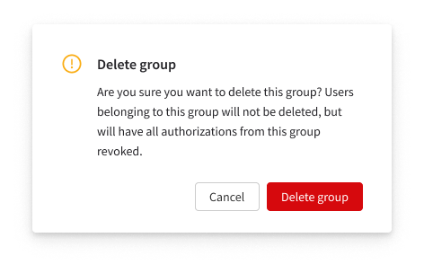 Delete group confirmation modal — warning that users belonging to the group will keep their accounts but lose all authorizations granted through the group, with Cancel and Delete group actions
