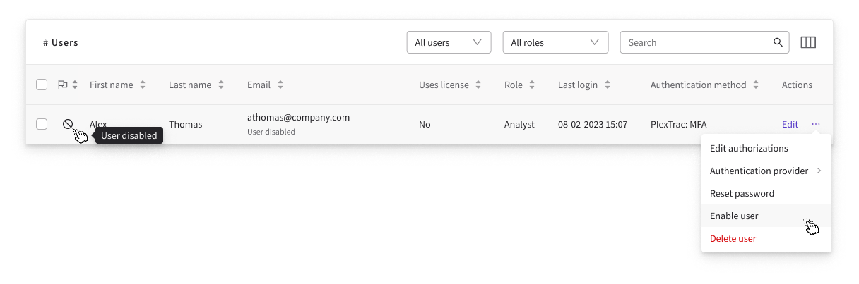 Disabled user row with actions menu