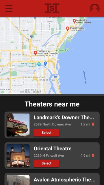 Hi-fi theaters-near-me screen — map plus nearby theaters with distance and one-tap Select