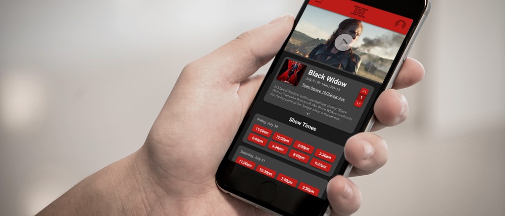 Town Square Theaters app open on a phone — Black Widow detail page with showtimes